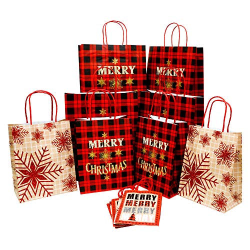 Product Cover Wrap N Roll Christmas Gift Bags in 3 Assorted Sizes Small Medium & Large Kraft Paper with Handles and Glitter Red Checkered for Holiday Gift Giving, Party Favors & Decor (Set of 12 Bags)