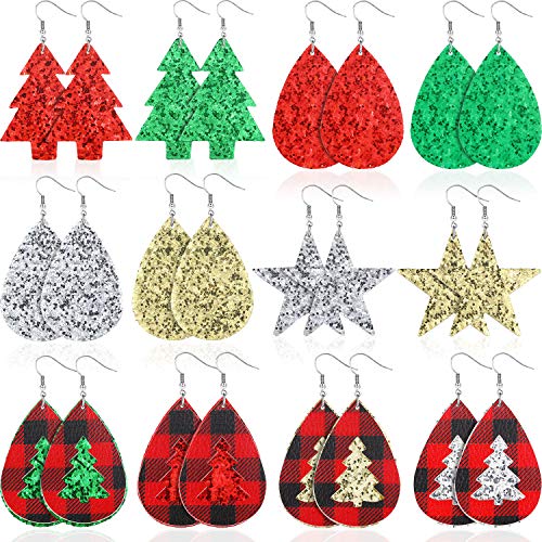 Product Cover 12 Pairs Christmas Faux Leather Earring Leaf Drop Dangle Earring Teardrop Earring for Woman Girls (Glitter Star)