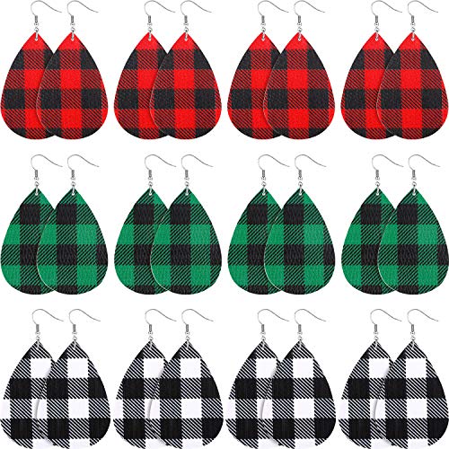 Product Cover 12 Pairs Christmas Faux Leather Earring Leaf Drop Dangle Earring Teardrop Earring for Woman Girls (Christmas Plaid)