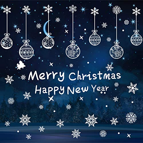 Product Cover Balhvit 5 Sheets 108 Pcs Reusable Static Christmas Snowflakes Window Clings Decals, No Adhesive & Cling on Tight Window Stickers Decoration for Christmas, Xmas Party Supplies, Bells, Reindeer