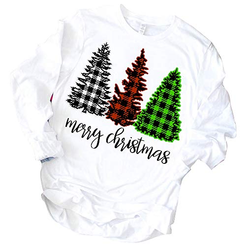 Product Cover Rocksir Merry Christmas Theme Plaid Christmas Trees Graphic Cute Print Long Sleeve Shirt Top（M Plaid Tree）