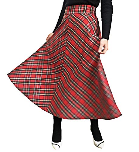 Product Cover Alcea Rosea Womens High Waist Midi Skirt A-line Plaid Winter Flare Long Skirt (Red, L)