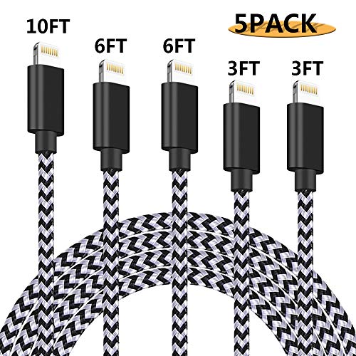 Product Cover MFi Certified iPhone Charger Lightning Cable 5Pack 3FT 3FT 6FT 6FT 10FT Extra Long Nylon Braided USB Fast Charging& Syncing Cord Compatible iPhone 11 Pro Max/11 Pro/11/Xs/Max/XR/X/8/8Plus/7/7Plus/iPad