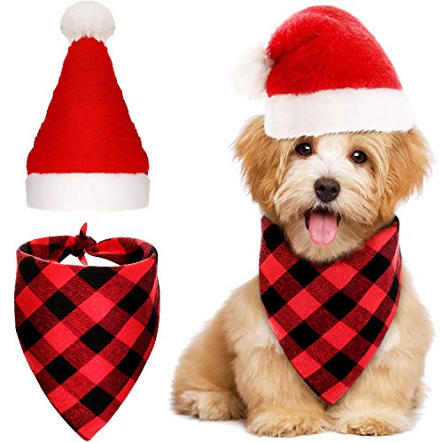 Product Cover SATINIOR 2 Pieces Christmas Pet Accessories Set Include Dog Santa Hat Dog Bandana Plaid Triangle Scarf (M)