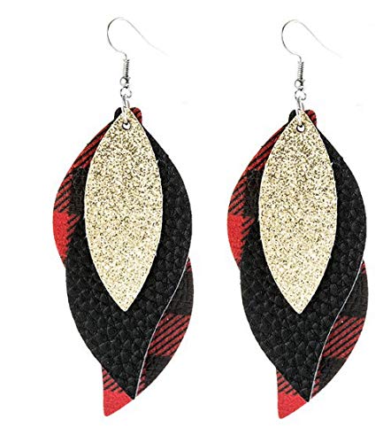 Product Cover Leather Earrings for Women 3 Layered Lightweight Faux Leather Leaf Earrings Glitter Red plaid Dangle Earring Set Layered Design Fashion Christmas Gift for Girls Lady