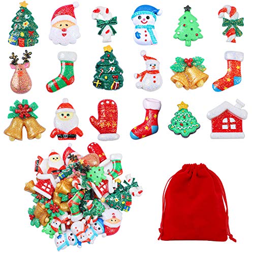 Product Cover Ruisita 36 Pieces Christmas Glitter Resin Flatback Mix Lots Slices Charms Flat Back Button Christmas Craft Embellishment Assorted Bell Socks Tree with Red Bag for Christmas Ornaments Crafts DIY