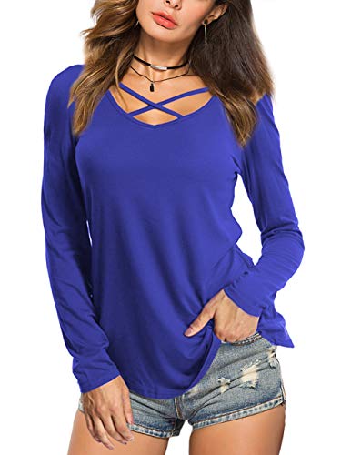 Product Cover DittyandVibe Womens Long Sleeve T Shirts V Neck Casual Comfy Loose Tops Blouses T-Shirt, Blue, Small