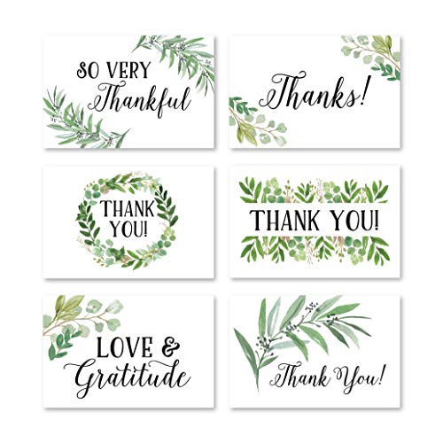 Product Cover 24 Greenery Foliage Thank You Cards With Envelopes, Simple Note For Adult Funeral Sympathy or Gift Gratitude Supplies For Grad, Birthday, Baby or Watercolor Bridal Wedding Shower For Boy or Girl Kid