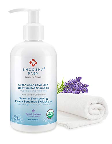 Product Cover SHOOSHA Baby Sensitive Skin Body Wash & Shampoo, 8.5 oz Organic Shampoo & Baby Soap with Bonus Washcloth, Lavender Baby Wash, No Tears Baby Shampoo, Organic Body Wash & Body Soap, Newborn Essentials