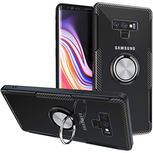 Product Cover Samsung Galaxy Note 9 Case | Transparent Crystal Clear Cover | Carbon Fiber Trim & Rubber Bumper | 360° Rotating Magnetic Finger Ring | Kickstand | Compatible with Samsung Galaxy Note 9 - Black