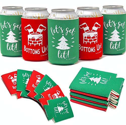 Product Cover Holiday Festive Can Coolers - 6 Pack | Bottoms Up Let's Get Lit Christmas Stocking Stuffer Gifts | Funny Ugly Sweater Party Prize, Favors, Decorations, Supplies, Drink, Beer, Bottle, Dad, Him