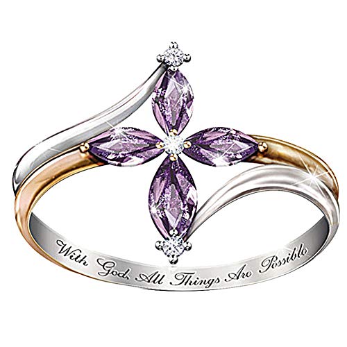 Product Cover Rubyyouhe8 Ring&with God All Things are Possible Lady Dual Color Faux Amethyst Cross Floral Ring Ring for Women Fashion Unisex Jewelry Accessories(US 8)