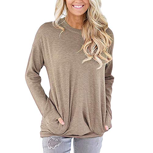 Product Cover QUNANEN Women Tops Casual Long Sleeve Cotton Solid Loose Pockets Sweat T-Shirt Blouses Tops Pullover Khaki