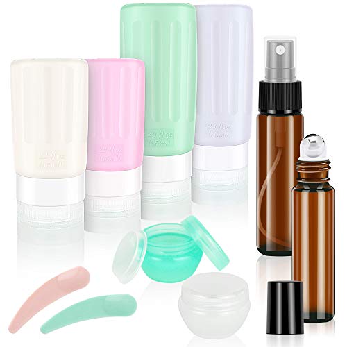 Product Cover Silicone Travel Bottles Set,TSA Approved Leak Proof Travel Containers for Toiletries,Travel Accessories for Shampoo and Conditioner Plus Amber Glass Roll-on Bottles and Spray Bottles for Essential Oil