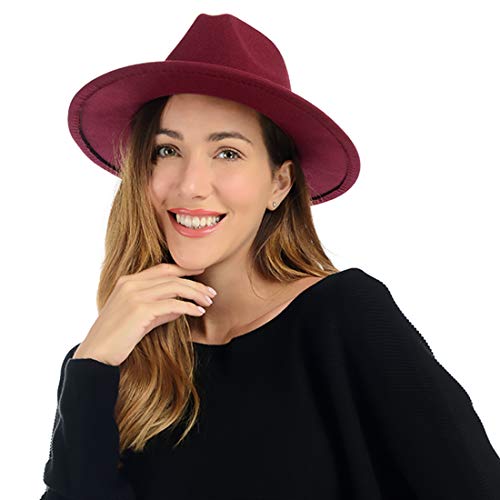 Product Cover AQ Womens Felt Fedora Hat, Wide Brim Panama Hat Floppy Wool Winter Hat with Belt Buckle Claret-red