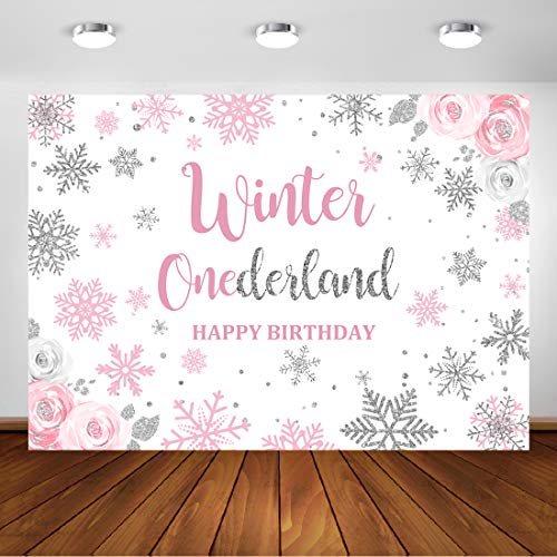 Product Cover Aperturee 7x5ft Winter Onederland Backdrop Newborn Baby Girl's 1st First Christmas Holiday Birthday Party Candy Table Decor Banner White Snowflakes Photo Booth Background Pink Silver Party Decoration