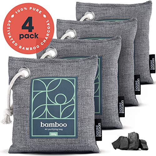 Product Cover Bamboo Charcoal Air Purifying Bags, Pack of 4 - 200g Activated Charcoal Bags Naturally Filter Odor, Moisture - Kid and Pet-Friendly Deodorizers for Home or Car by House Edition