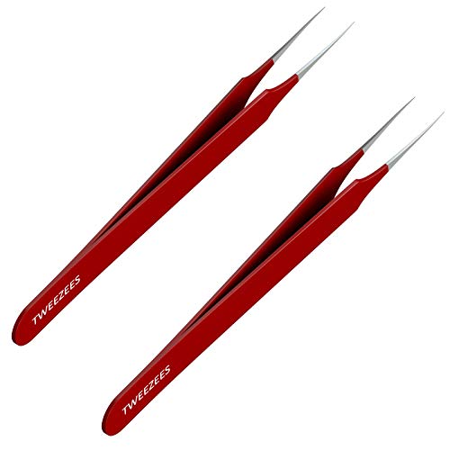Product Cover Ingrown Hair Tweezers | Pointed Tip | Red | 2 Pack | Precision Stainless Steel | Extra Sharp and Perfectly Aligned for Ingrown Hair Treatment & Splinter Removal For Men and Women | By Tweezees