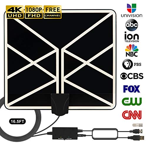 Product Cover Indoor HDTV Antenna 4K 1080p, 2019 Amplified Digital TV Antenna 120 Miles Range with Amplifier Signal Booster Free Local Channels Support All Television with 18 FT Coaxial Cable (Black)