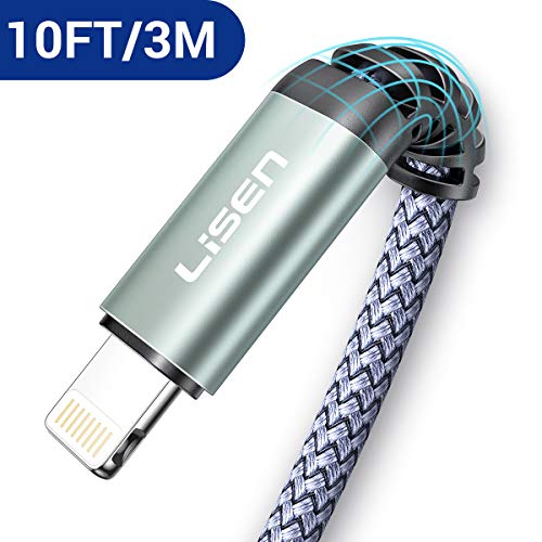 Product Cover (10ft / 3m) LISEN Lightning to USB-A Cable, [Apple MFi Certified] 10 Foot Long iPhone Charger, Durable Nylon Braided Fast Charging Cord Compatible with iPhone X/Xs Max/XR/8 Plus /7 Plus/6/ iPad (Grey)