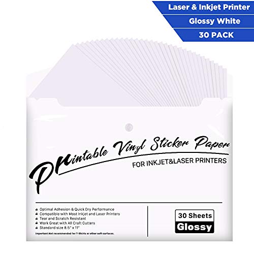 Product Cover Printable Vinyl for Inkjet & Laser Printer - 30 Pack Printable Vinyl Sticker Paper Glossy White - Standard Letter Size 8.5