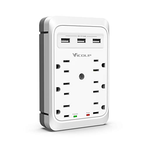 Product Cover Surge Protector, VICOUP USB Wall Charger with 3 USB Ports (Smart 3.4A Total), 6 Outlet Extender Splliter Adapter for Dorm Room, Home & Office - 1080Joules