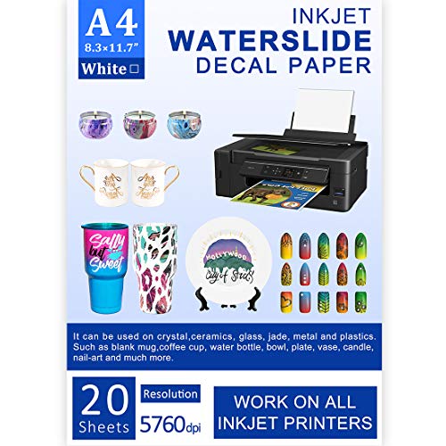Product Cover Water Slide Decal Paper Inkjet WHITE 20 Sheets A4 Size Premium Water-Slide Transfer Paper Printable Water Slide Decals Perfect for Tumblers, Mugs, Glasses DIY Design