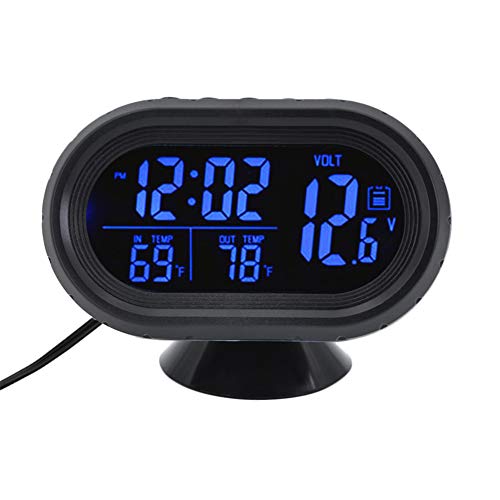 Product Cover Litake Digital Car Clock Thermometer, Multi-Function 12V Car Voltage Alarm Temperature Clock, LCD Monitor Battery Meter Detector Display,Blue
