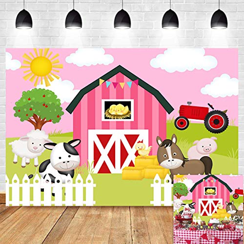 Product Cover Sweet Pink Farm Cartoon Photography Backdrop for Baby Girls Birthday Party Banner 7x5ft Vinyl Photo Background Cute Farm Animals Baby Shower Supplies Dessert Table Decorations Photo Booths