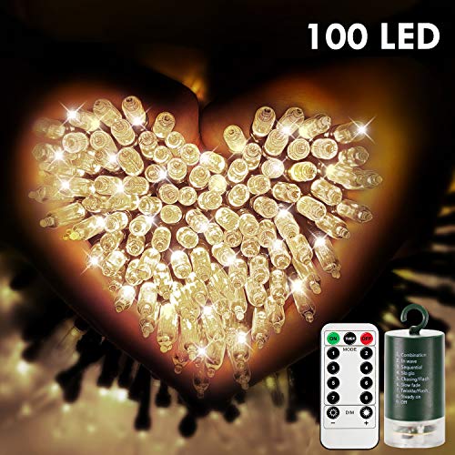 Product Cover SYIHLON 33Ft 100LED Battery Operated String Lights with Timer-8 Modes Dimmable Outdoor Fairy String Lights for Bedroom Christmas Wedding Party Stair Garden Window Holiday Decor,Warm White