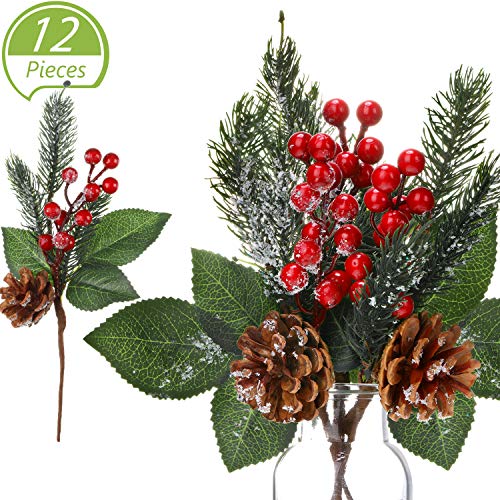 Product Cover 12 Pieces Pine Snowy Flower Picks Artificial Holly Red Berry Pine Cone Picks Fake Berries Pine Cones for Christmas Crafts Party Festive Home Decor 11 Inch Flexible Stems
