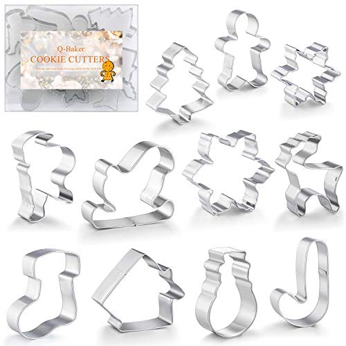 Product Cover Q-Baker Cookie Cutters 11-Piece Winter Christmas Cookie Cutter Set with Decorating Manual Stainless Steel Gingerbread Men,Christmas Tree,Snowflake, Candy Cane, Santa Claus,Reindeer,Snowman,Stocking