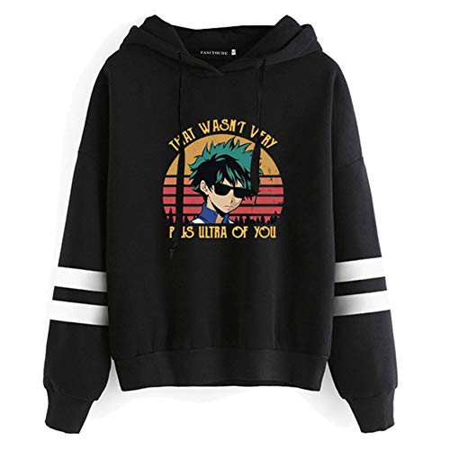 Product Cover Detroital Women's My Hero Academia That's Wasn't Very Plus Ultra of You Hoodie Striped Sleeve Sweatshirt (M, Black)