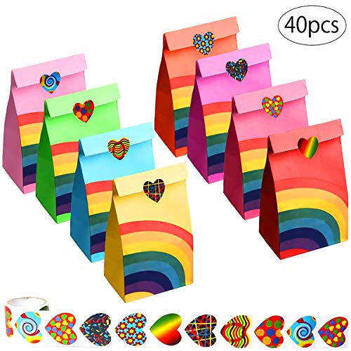 Product Cover JUSHOOR 40 Pcs Party Gift Bags, Rainbow Party Favors- Colorful Candy Goody Bag, Kraft Paper Bags for Girls Boys Kids Birthday Christmas Festival Celebration Supplies - with 100 Heart Stickers