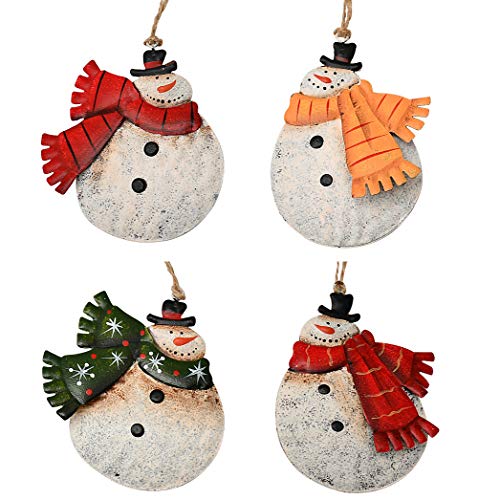 Product Cover Christmas Hanging Ornament Metal Snowman Decor Set of 4, 4X3.5 Inch Rustic Christmas Tree Snowman Decoration Tree Ornament Wall Door Hanging Decoration Party Decor (Snowman Ornament)