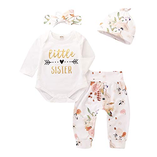 Product Cover 4Pcs Infant Girl Outfits Baby Sister Bodysuit Tops Floral Leggings Pants Set Bowknot Headbands Newborn Pajamas Clothes