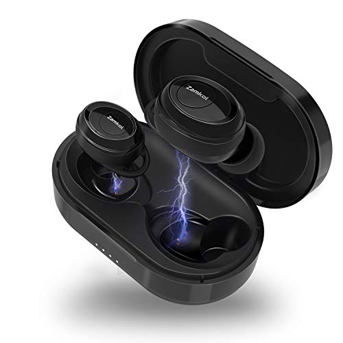 Product Cover True Wireless Earbuds with Magic HiFi Sound, Zamkol Waterproof 5.0 Bluetooth Earbuds with Charging Case and Microphone, Pumping Bass, One Step Pairing, Stereo Calls for Sport, Commuting, Black