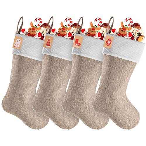Product Cover Niashop Christmas Stockings,18 inches Personalized Burlap Cotton Large Luxury in Bulk Stockings Set for Farmhouse Rustic Family Holiday Xmas Decorations (4, White,Burlap)