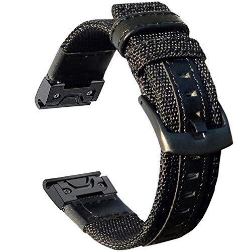Product Cover Olytop Fenix 6X Pro Band & Fenix 5X/5X Plus Bands, 26mm Quick Fit Premium Durable Nylon with Leather Watch Strap Wrist Band for Garmin Fenix 5X/5X Plus/Fenix 3/Quatix 3/Tactix Bravo Smartwatch - Black