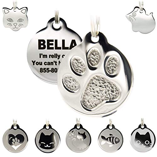Product Cover Stainless Steel Cat ID Tags - Engraved Personalized Cat Tags Includes up to 4 Lines of Text with Round Paw Shape