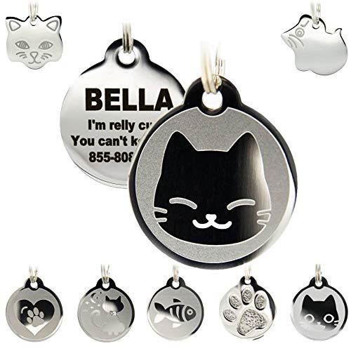 Product Cover Stainless Steel Cat ID Tags - Engraved Personalized Cat Tags Includes up to 4 Lines of Text with Kitty Face Shape