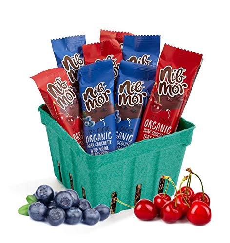 Product Cover Nib Mor Organic Dark Vegan Chocolate Daily Dose Snacking Bites - Berry Basket - Wild Maine Blueberry and Tart Cherry (8 Pieces)