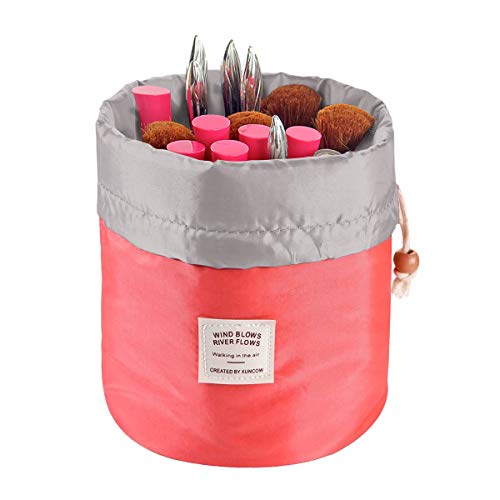 Product Cover Travel Cosmetic Bags Barrel Makeup Bag,Women&Girls Portable Foldable Cases,EUOW Multifunctional Toiletry Bucket Bags Round Organizer Storage Pocket Soft Collapsible(Rosered)