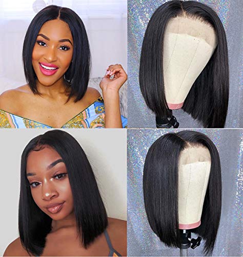 Product Cover Straight Short Bob 150% density Lace Front Human Hair Wigs For Black Women Deep Parting Remy Hair Glueless Natural Color Wig Pre Plucked With Baby Hair 8 inch
