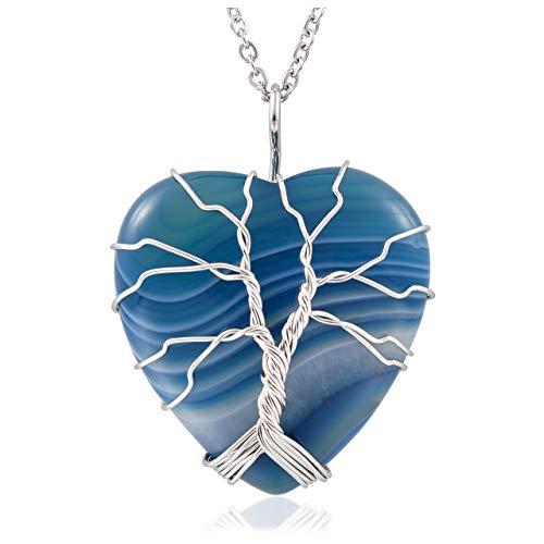 Product Cover Top Plaza Blue Agate Healing Crystal Necklace Silver Tree of Life Wire Wrapped Heart Shape Stone Pendant for Womens Ladies
