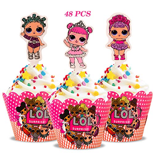 Product Cover 48 Pcs Princess Cupcake Toppers Wrappers,LOL Happy Birthday Party Decorations Cupcake Topper for Baby Birthday Party Supplies (1)