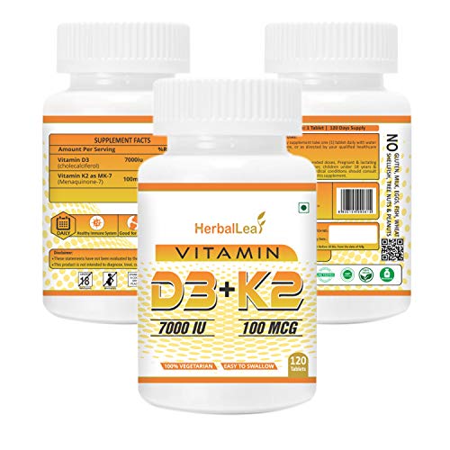 Product Cover HerbalLeaf Vitamin d3 7000iu with Vitamin K2 MK7 100mcg High Potency Supplement Supports Heart & Bone Health - 120 Veg Tablets