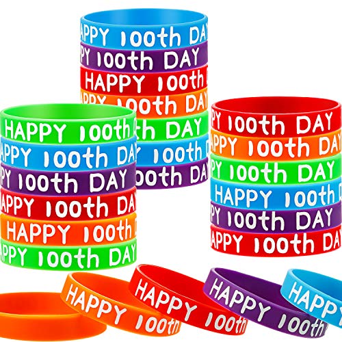 Product Cover 100th Day of School Silicone Bracelets Wristbands Rubber Bracelets Happy 100th Day of School Rubber Bracelets for School Party Supplies Decoration (50 Pieces)