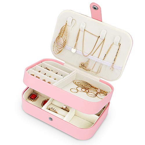 Product Cover Jewelry Organizer Box，2019 New Jewelry Storage Organizer Mirrored Mini Travel Case Lockable Black Faux Leather for Valentine's Day Gift Beads, Rings, Earrings (Pink Flower)