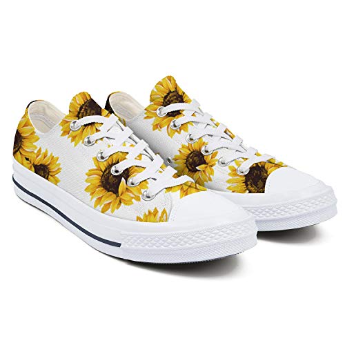 Product Cover Heart Wolf Sunflower Shoes Women Low-Cut Laced Canvas Sunflower Sneakers for Women Sunflower Gifts for Women White